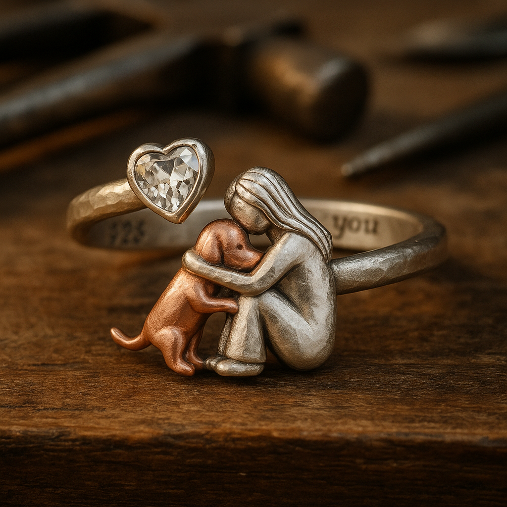 Handgefertigter Hund Ring in 925 Sterlingsilber mit herzförmiger Zirkonia