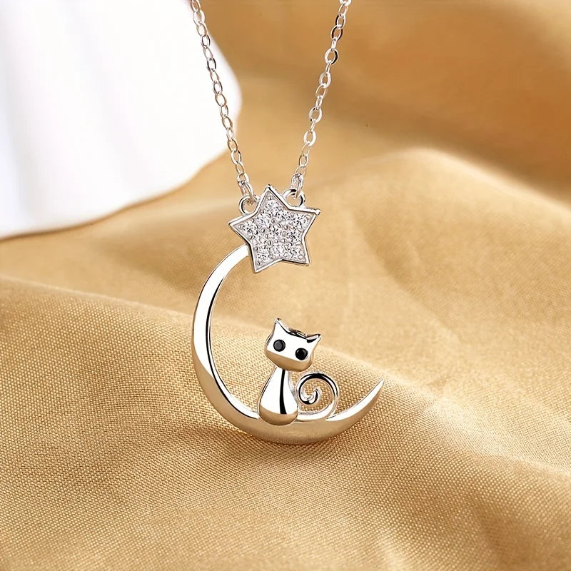 Sterlingsilber Katzen Mond Stern Halskette