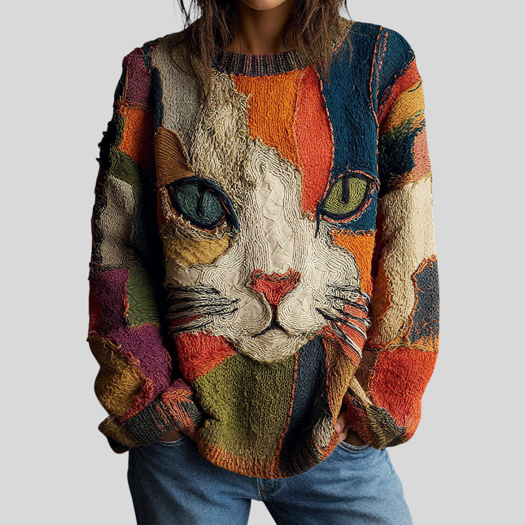 Top mit Katzenmotiv in Multicolor
