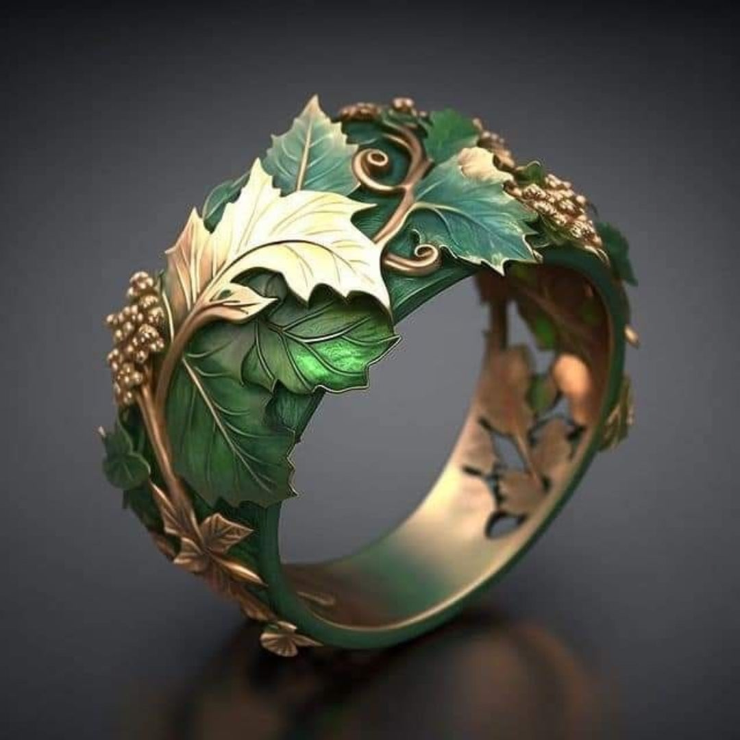 Exotischer Grün & Gold Blatt Ring