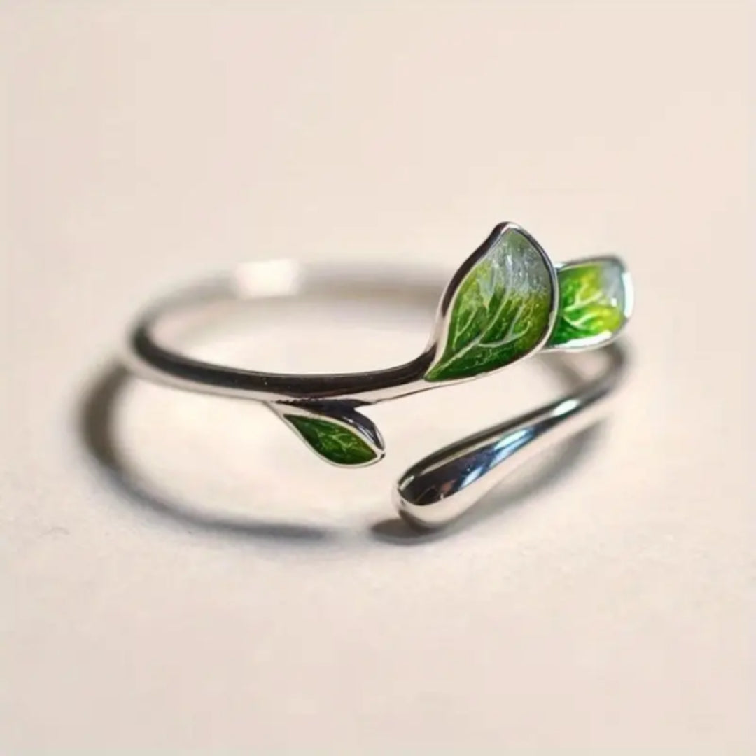 Verstellbarer Grüner Emaille Blatt Ring