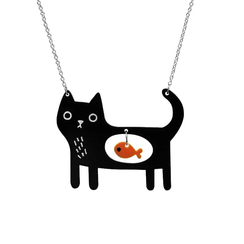 Verspielte Katze und Fisch Acryl Anhänger Halskette