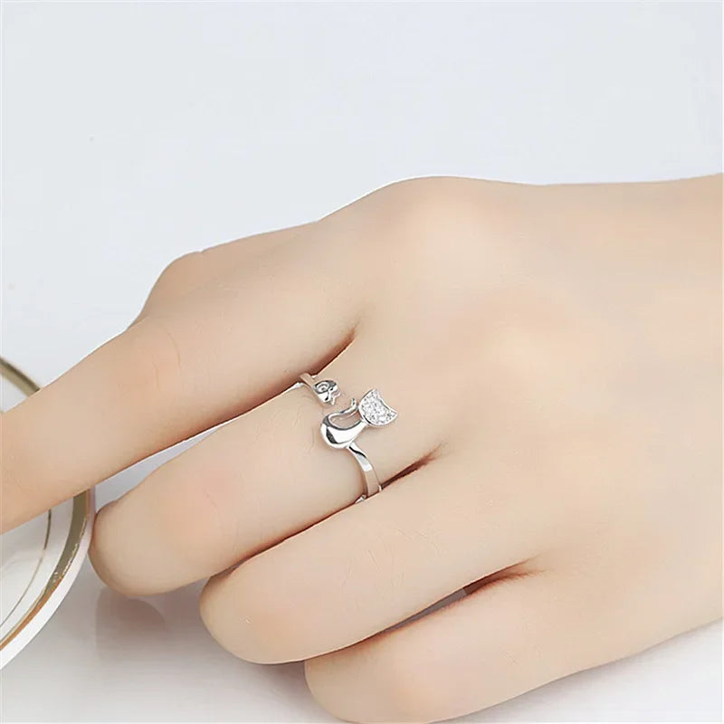 Niedlicher offener Katzen Ring mit Zirkonia