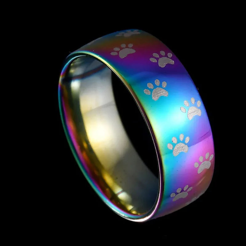 Handgefertigter Regenbogen Pfotenabdruck Ring in Edelstahl