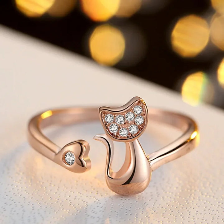 Niedlicher offener Katzen Ring mit Zirkonia