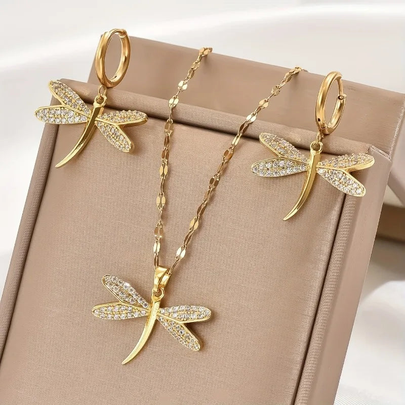 Goldene Libellen Halskette mit Ohrringen Geschenk