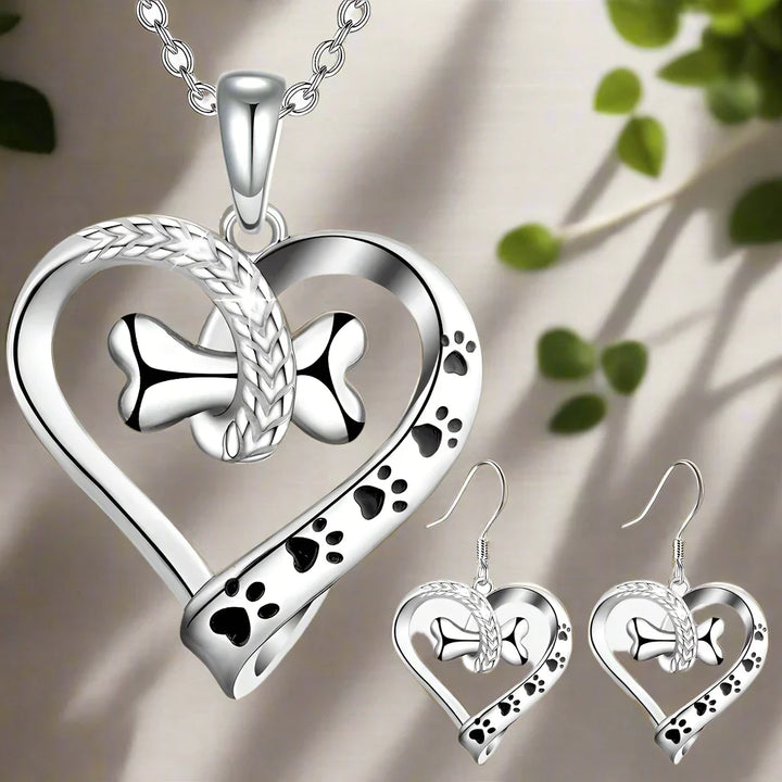 2-teiliges Schmuckset mit Pfoten, Herz und Knochen Anhängern