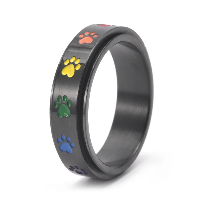 Drehender Stress-reduzierender Pfoten Ring in Edelstahl mit Regenbogenpfoten