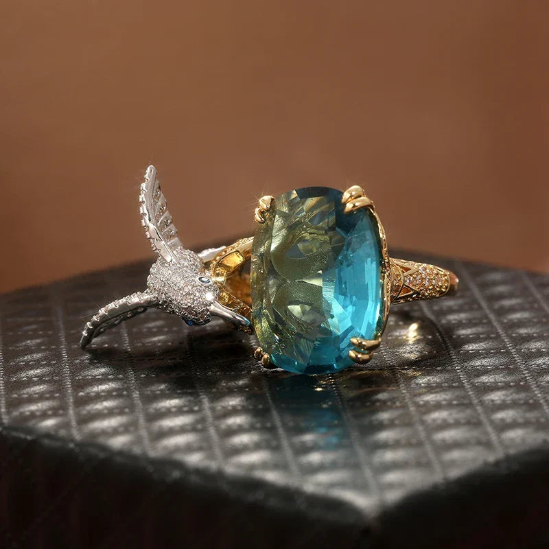 Verstellbarer Aquamarin-farbener Kolibri Ring