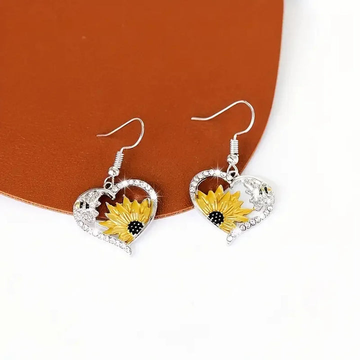 Vintage Boho Sonnenblume und Biene Herz Ohrringe