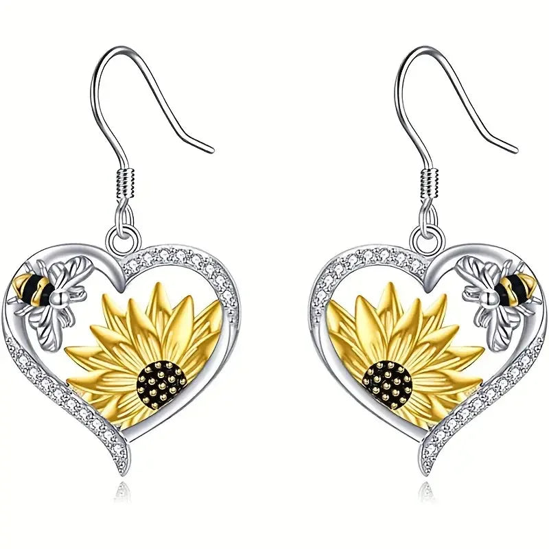 Vintage Boho Sonnenblume und Biene Herz Ohrringe