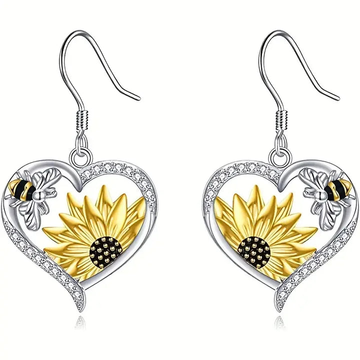 Vintage Boho Sonnenblume und Biene Herz Ohrringe