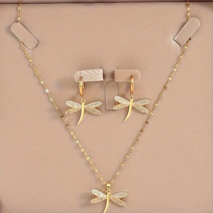 Goldene Libellen Halskette mit Ohrringen Geschenk