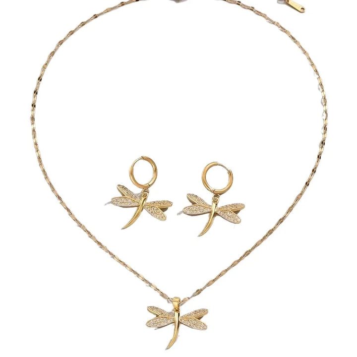 Goldene Libellen Halskette mit Ohrringen Geschenk