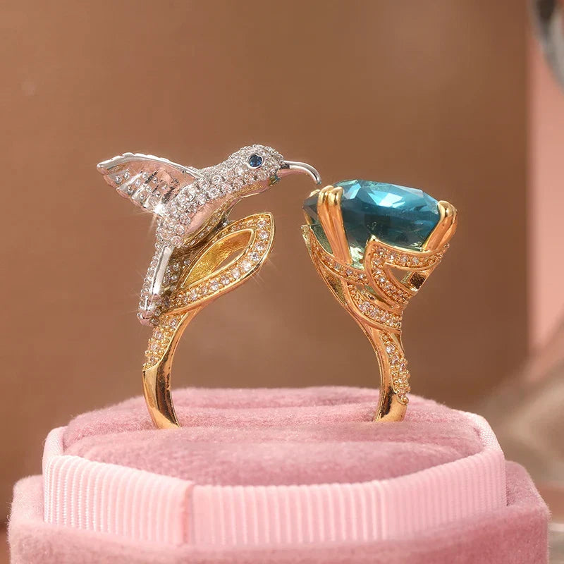 Verstellbarer Aquamarin-farbener Kolibri Ring