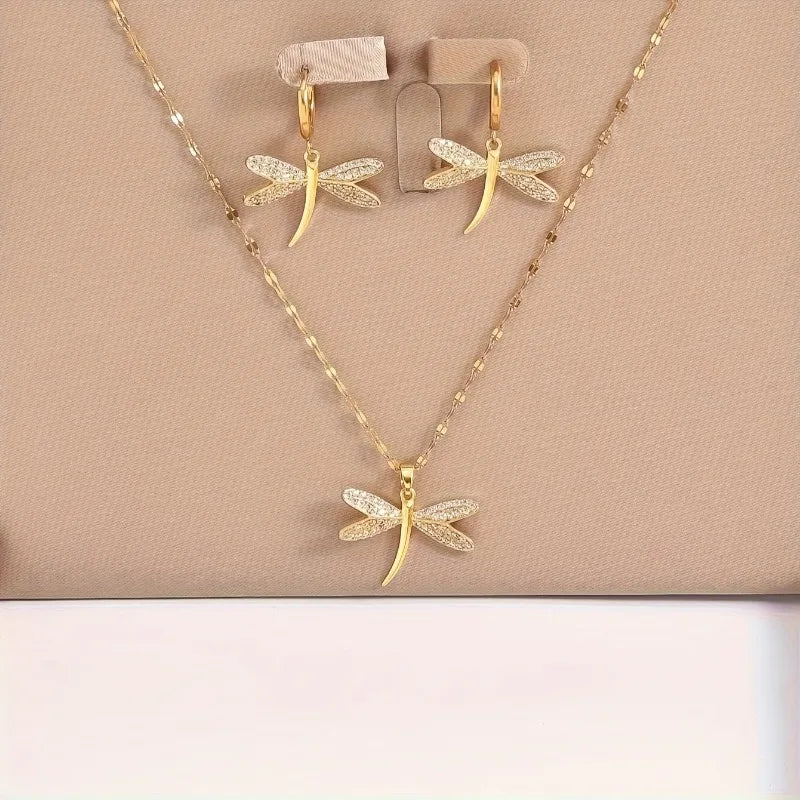 Goldene Libellen Halskette mit Ohrringen Geschenk