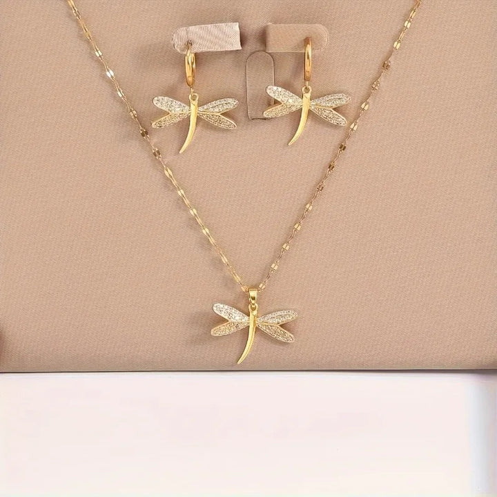 Goldene Libellen Halskette mit Ohrringen Geschenk