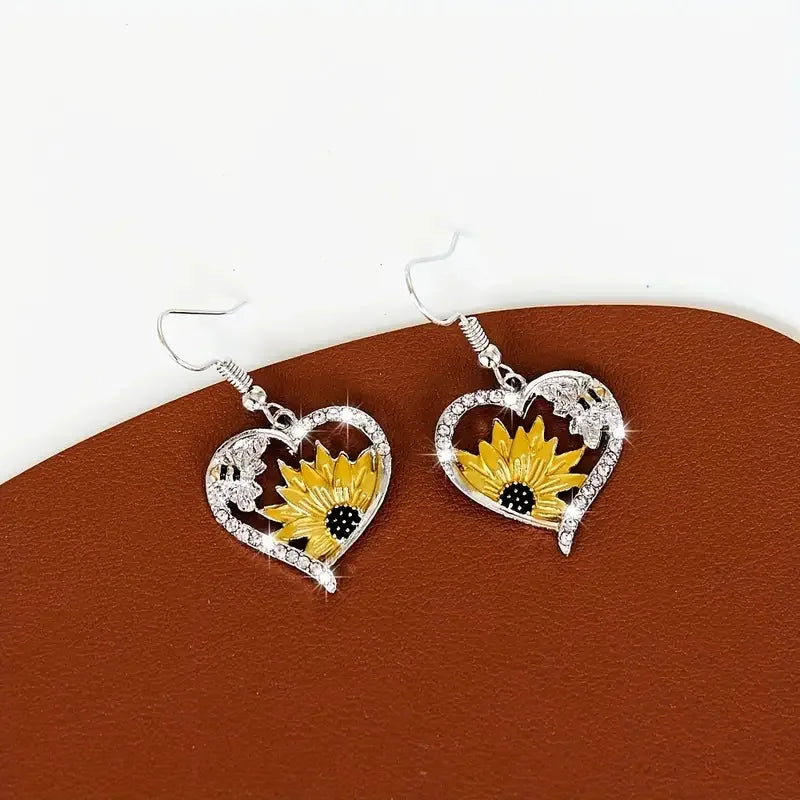 Vintage Boho Sonnenblume und Biene Herz Ohrringe