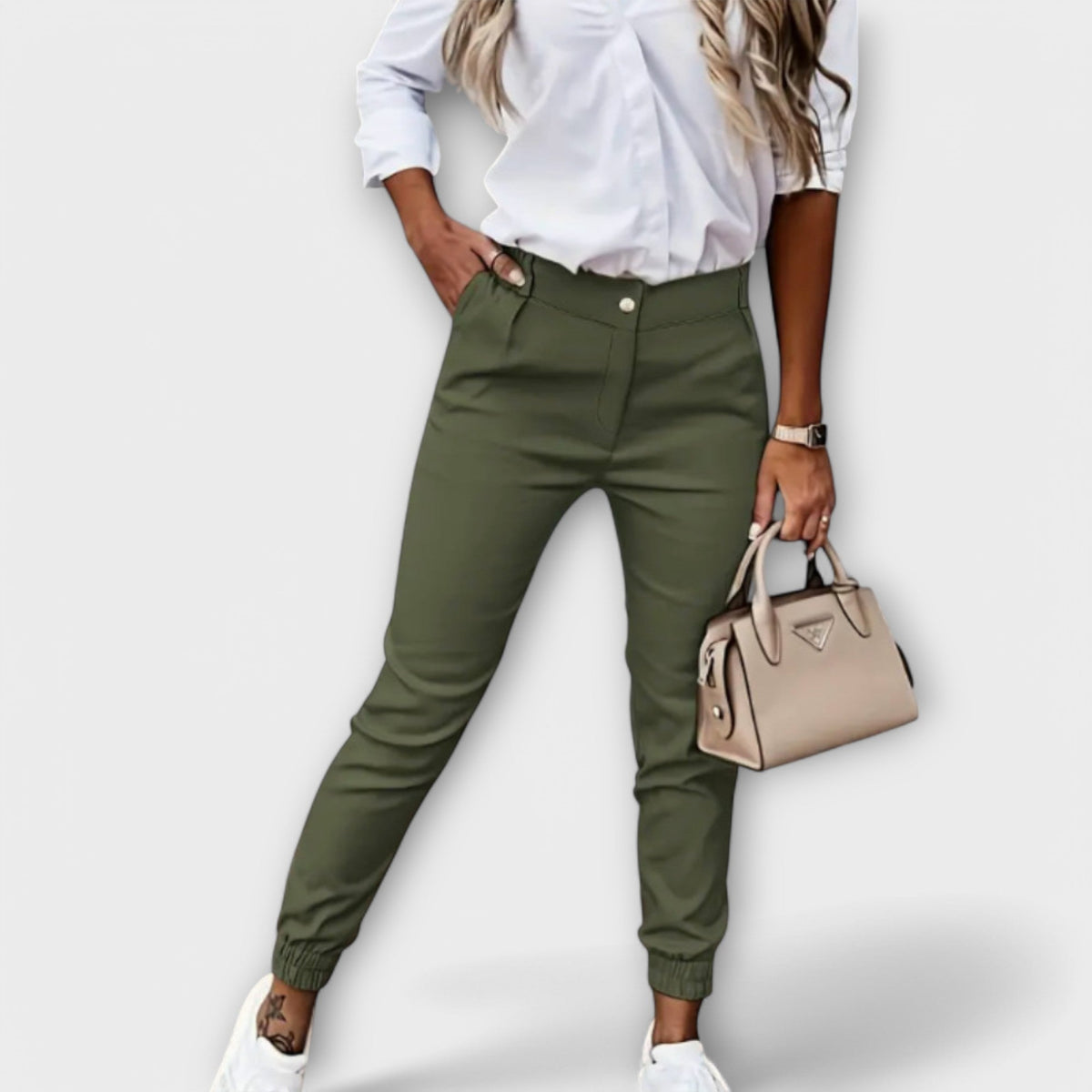 Stoffhose in Beige und Schwarz und Armeegrün