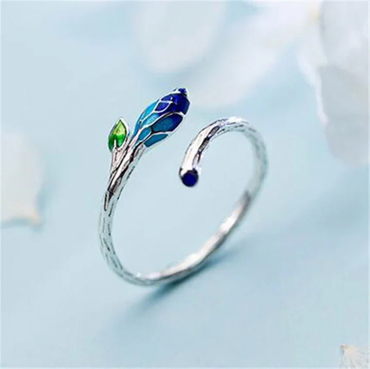 Verstellbarer Blatt Ring mit Blauem Emaille in Silber