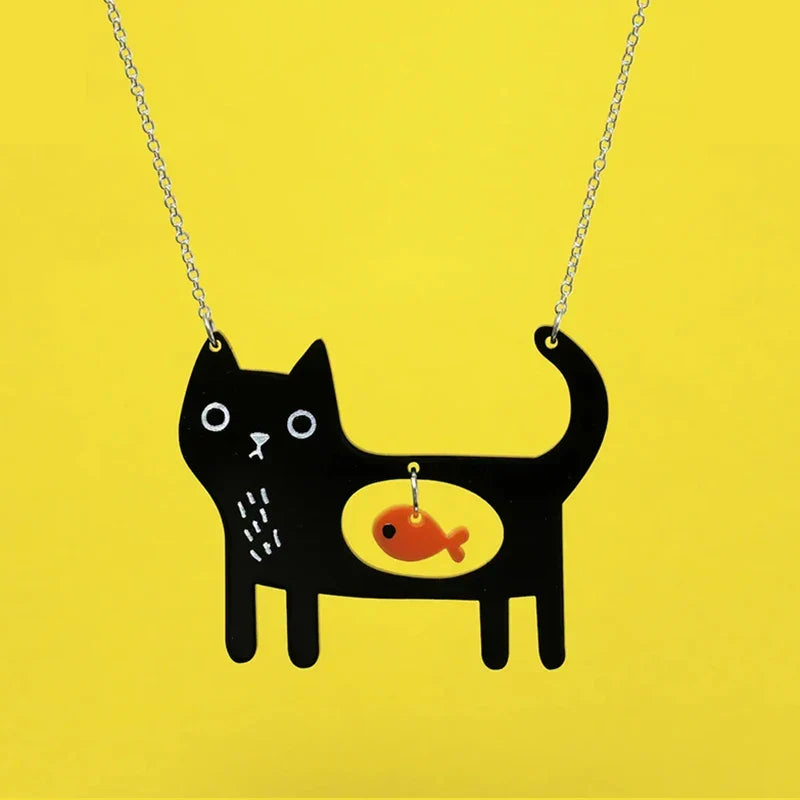 Verspielte Katze und Fisch Acryl Anhänger Halskette