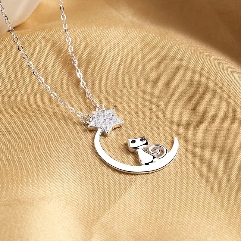 Sterlingsilber Katzen Mond Stern Halskette