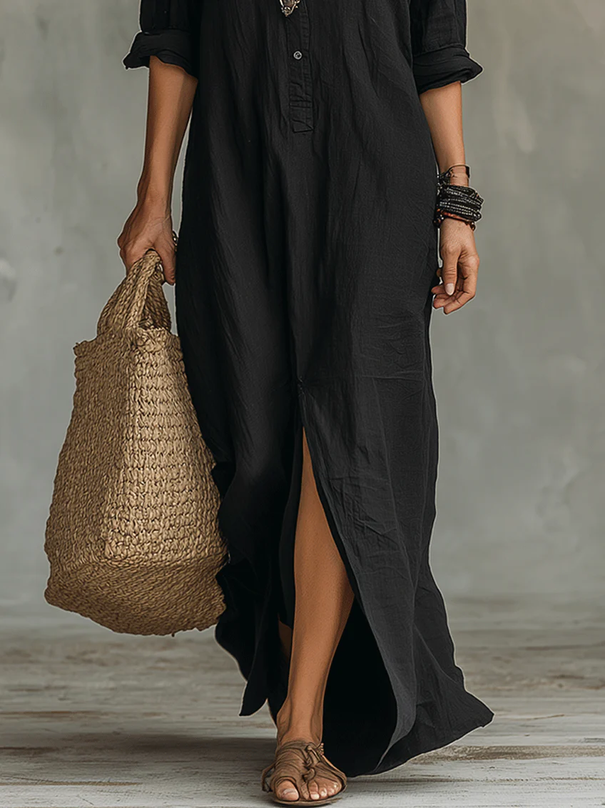 Maxikleid mit Knopfleiste in Schwarz - Ansicht 7