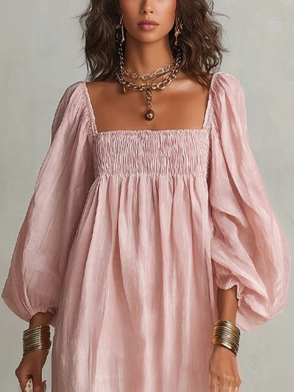 Maxikleid aus Leinen mit Karree-Ausschnitt und Ballonärmeln - Ansicht 3