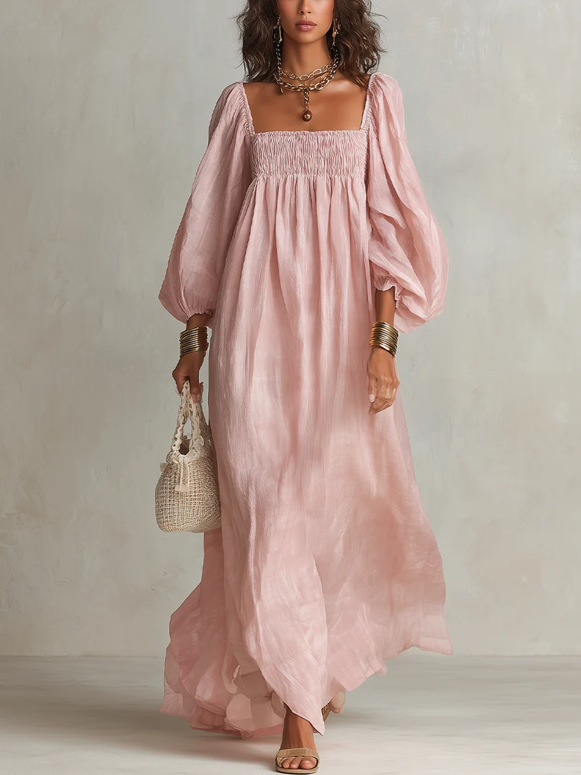 Maxikleid aus Leinen mit Karree-Ausschnitt und Ballonärmeln