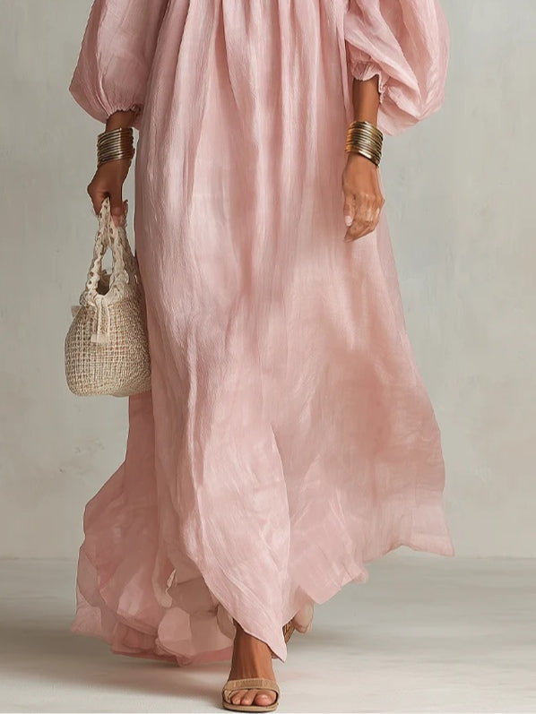 Maxikleid aus Leinen mit Karree-Ausschnitt und Ballonärmeln - Ansicht 4