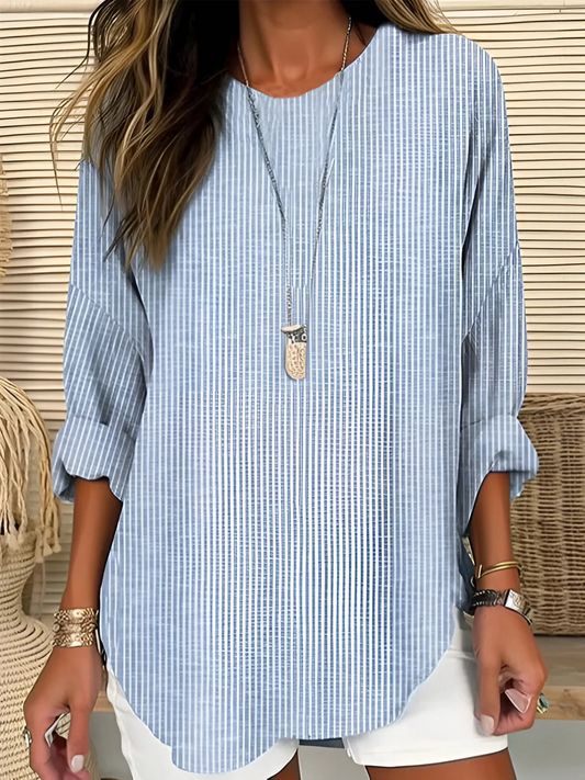 Bluse mit Rundhalsausschnitt und Streifenmuster in Blau