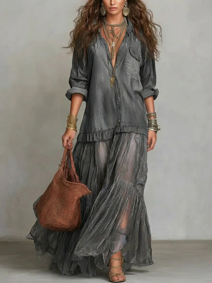 Maxikleid aus Denim mit Reverskragen und Patchwork und Langarm - Ansicht 6
