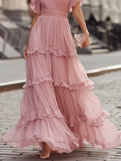 Maxikleid mit V-Ausschnitt und Rüschen