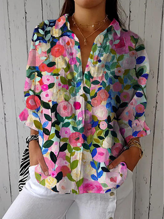 Bluse mit V-Ausschnitt und Blumenmuster in Multicolor
