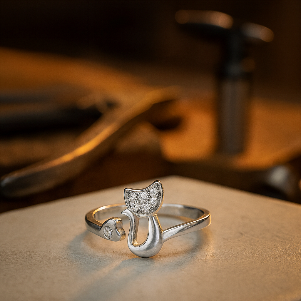 Niedlicher offener Katzen Ring mit Zirkonia