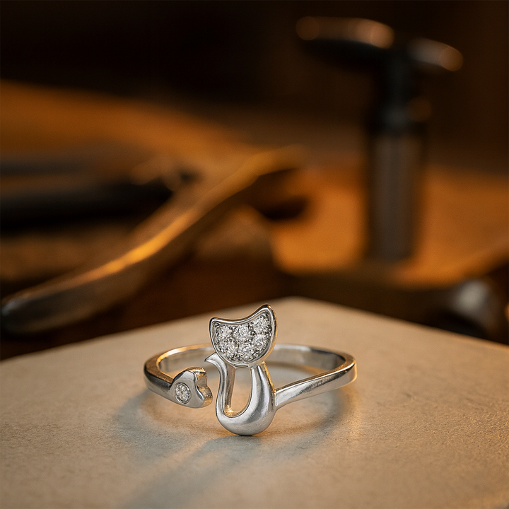 Niedlicher offener Katzen Ring mit Zirkonia