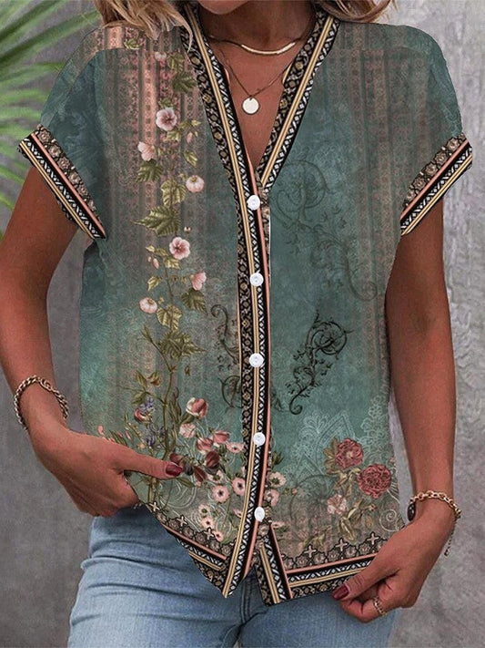 Bluse mit V-Ausschnitt und Blumenmuster in Grün