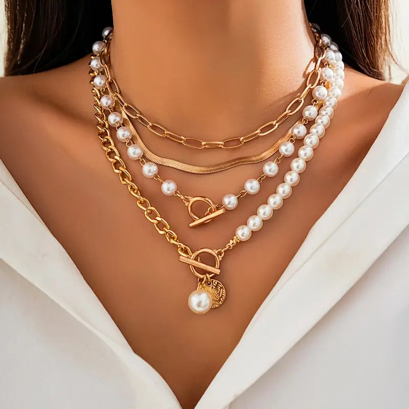 Schlangenkette Halskette mit Vintage Perlen-Set | Gold