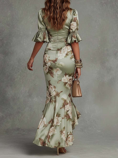 Maxikleid mit V-Ausschnitt und Blumenmuster in Grün - Ansicht 3