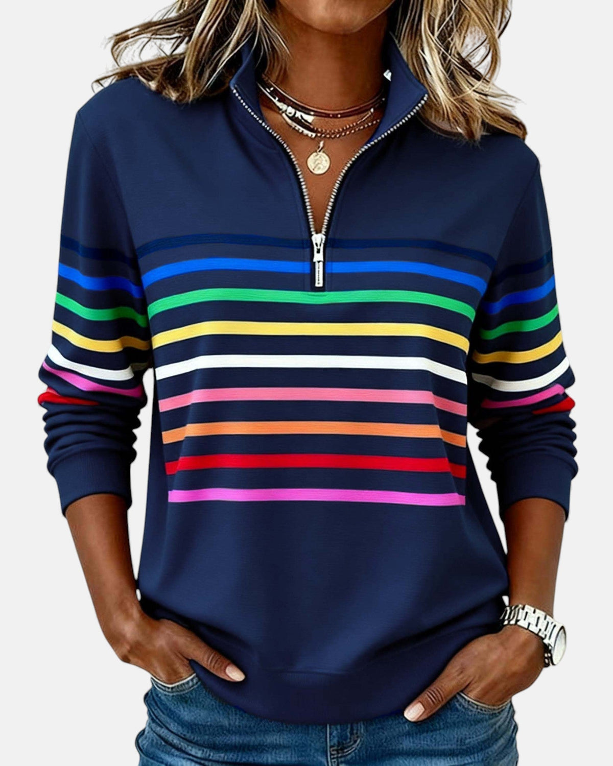 Sweatshirt mit Stehkragen und Reissverschluss und Streifenmuster - Ansicht 4