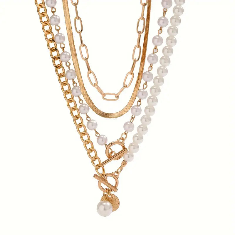 Schlangenkette Halskette mit Vintage Perlen-Set | Gold