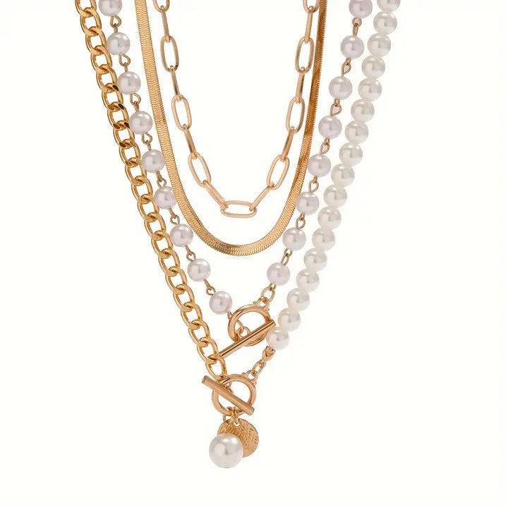 Schlangenkette Halskette mit Vintage Perlen-Set | Gold