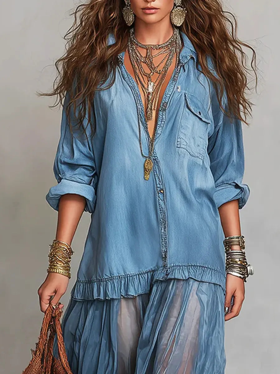 Maxikleid aus Denim mit Reverskragen und Patchwork und Langarm - Ansicht 3