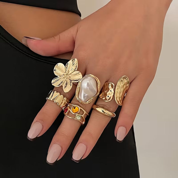 6-teiliges goldenes Barockperlen-Ring-Set