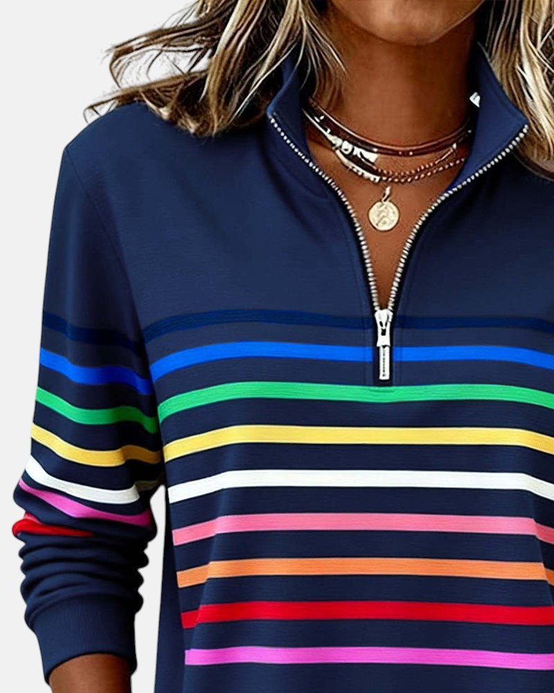 Sweatshirt mit Stehkragen und Reissverschluss und Streifenmuster - Ansicht 5