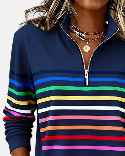 Sweatshirt mit Stehkragen und Reissverschluss und Streifenmuster - Ansicht 5