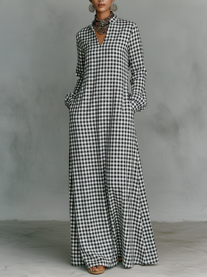 Maxikleid aus Baumwolle mit V-Ausschnitt und Karomuster und Langarm