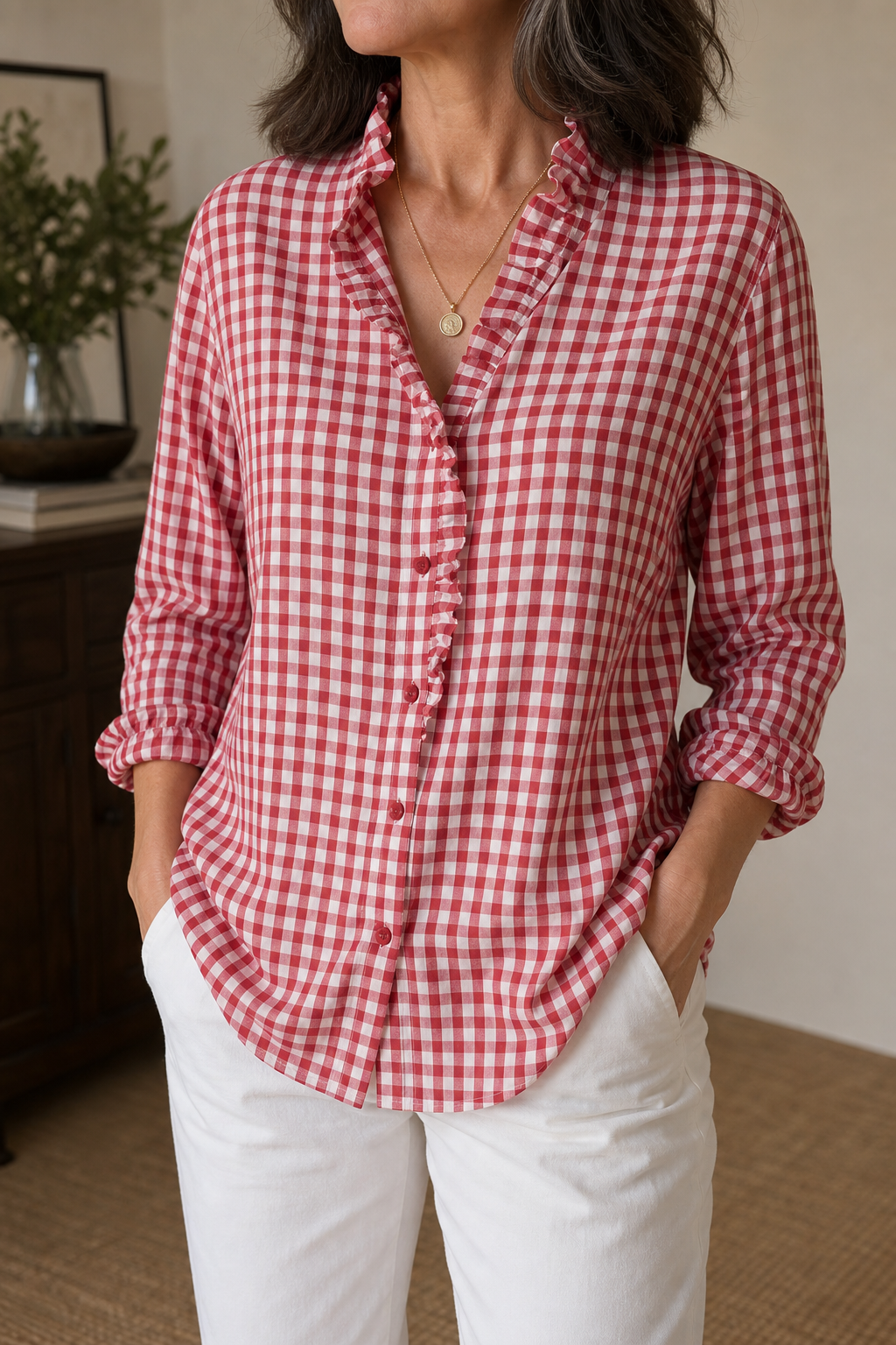 Bluse aus Polyester mit Rüschen