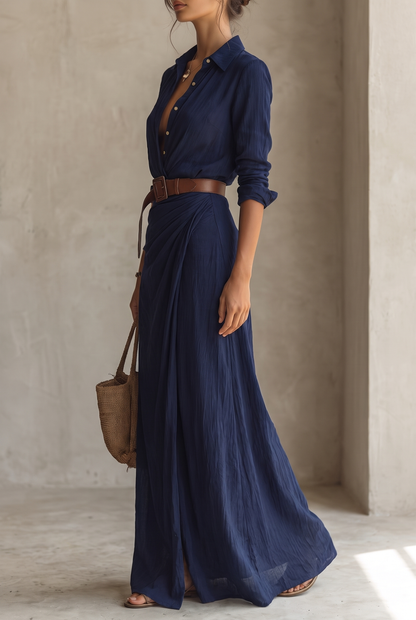 Maxikleid mit Reverskragen und Bindegürtel - Ansicht 5