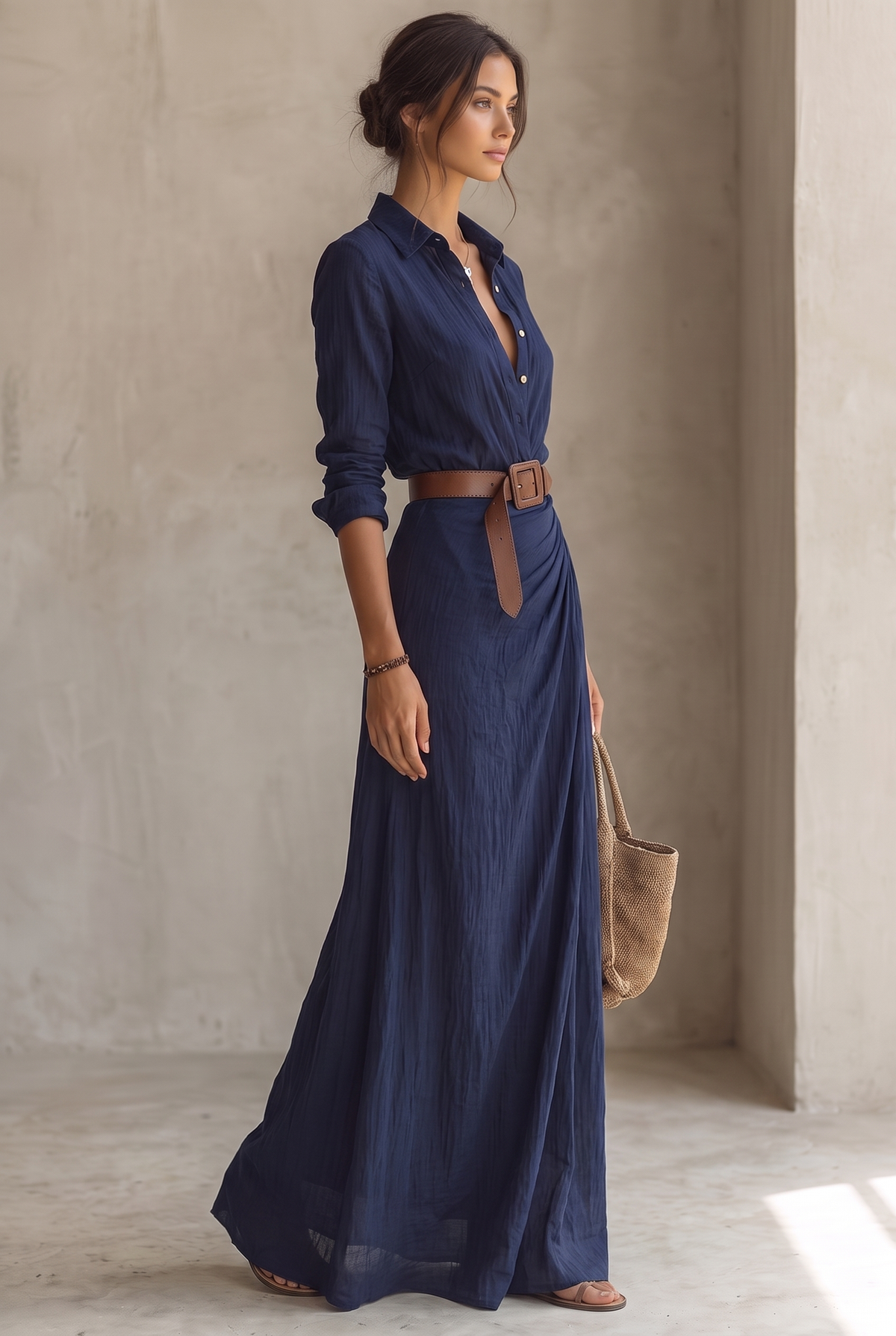 Maxikleid aus Baumwolle mit V-Ausschnitt und Bindegürtel und Langarm - Ansicht 6